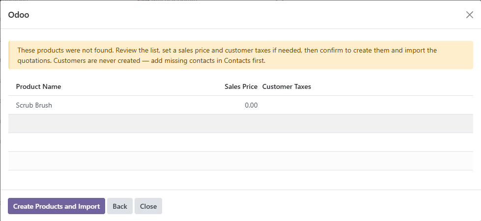 Create Missing Products — price and taxes